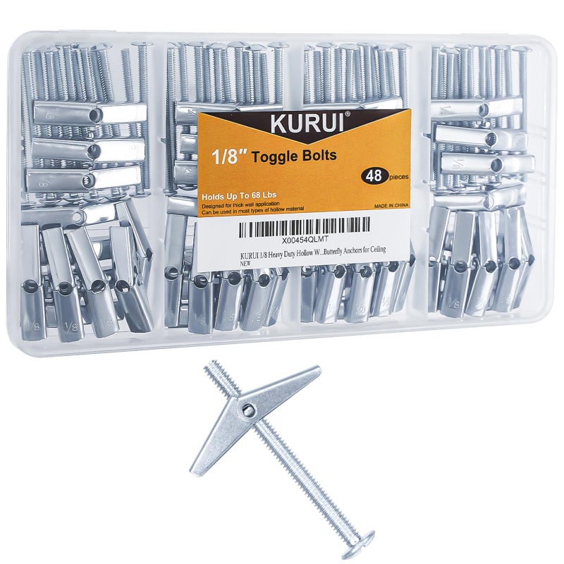 KURUI 1/8 Toggle Bolts for Drywall, 48 Pcs Heavy Duty Metal Drywall Anchors Kit, Dry Wall Anchors and Screws Kit, Butterfly Anchors for Ceiling, Sheetrock, Hollow Wall - Image 1